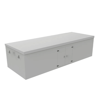 A grey grp booster cabinet, side vent, double doors with hinges and silver handles on a white background