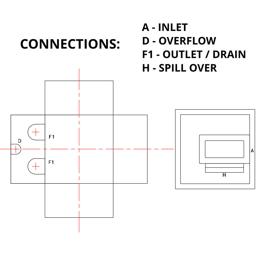 Standard pads and connections drawing - square Type AB air gap GRP water tank