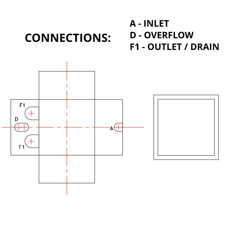 Standard pads and connections drawing - square GRP water tank