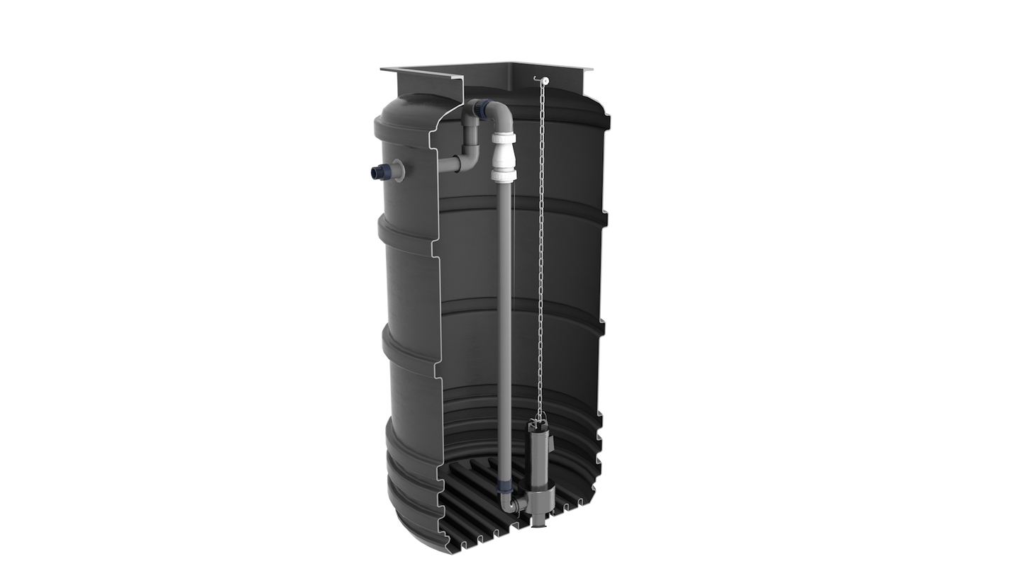 TD Mini Single Sewage Pump station, 1700 litre tank Cut away