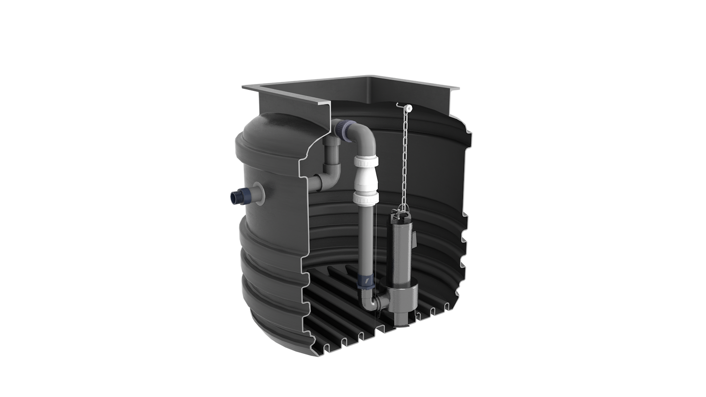 TD Mini Single Sewage Pump station, 800 litre tank Cut away