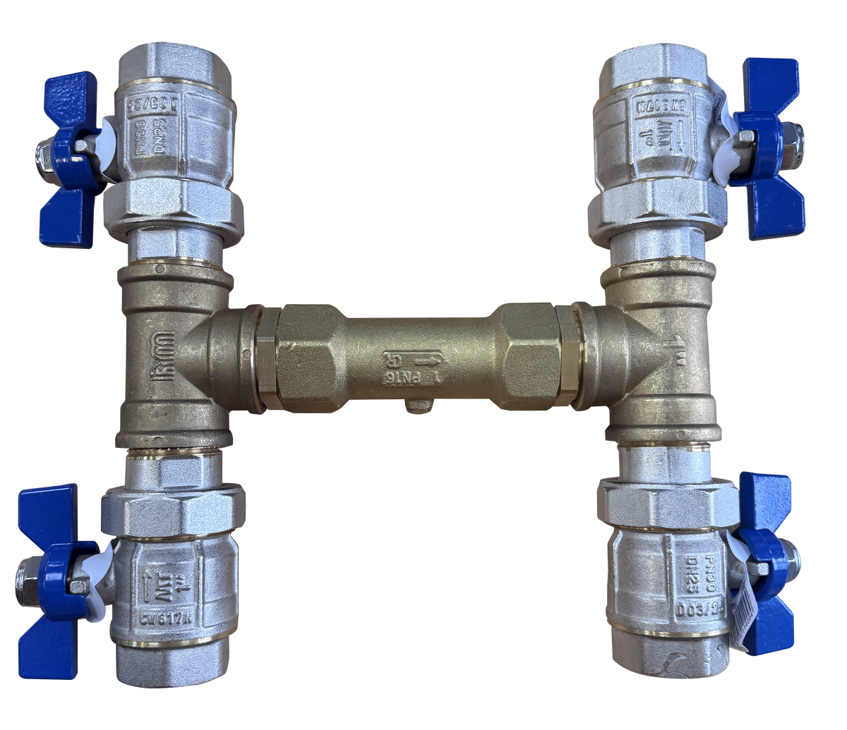 DPT bypass valve assembly with four blue-handled brass ball valves and a central double check valve