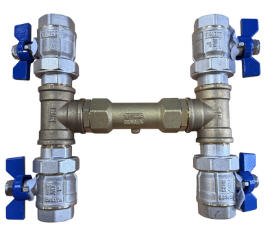 DPT bypass valve assembly with four blue-handled brass ball valves and a central double check valve
