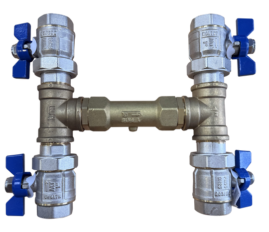 DPT bypass valve assembly with four blue-handled brass ball valves and a central double check valve